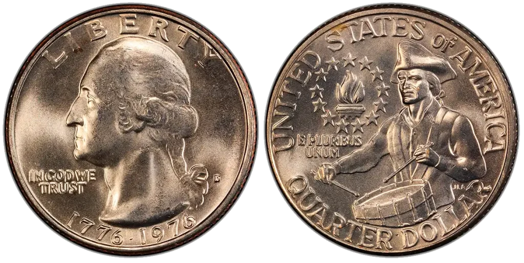 design of a bicentennial quarter. The observe features Washington. The reverse features a drummer.
